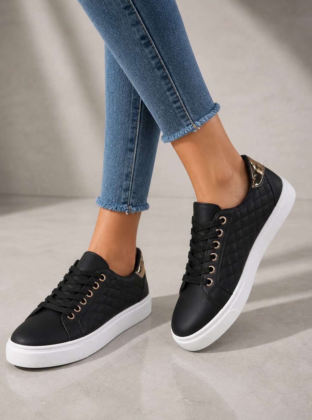 Women's Quilted Faux-Leather Lace-Up Low-Top Trainers