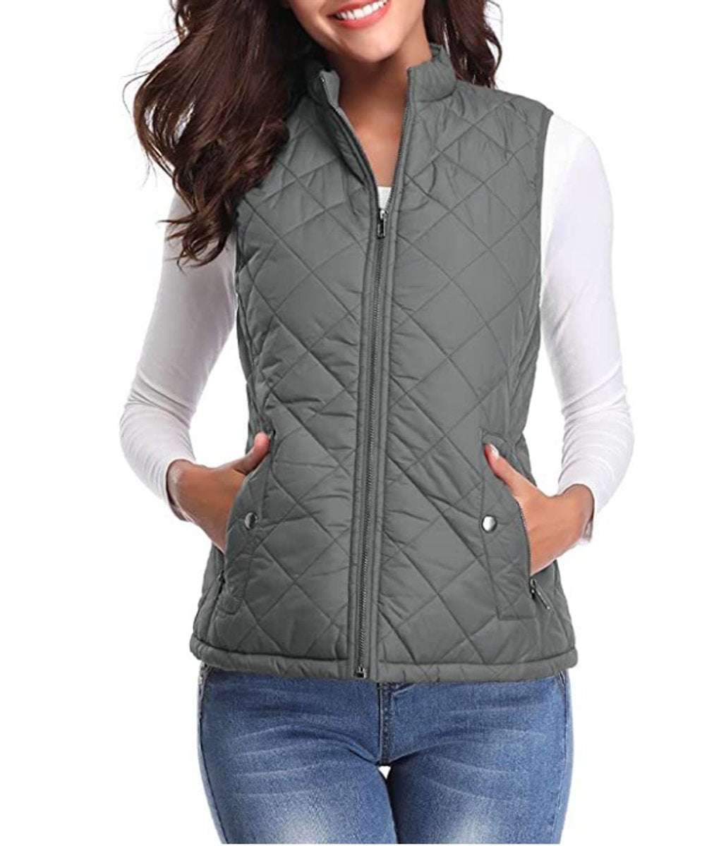 Women's Quilted Zip-Up Sleeveless Puffer Vest - Grey