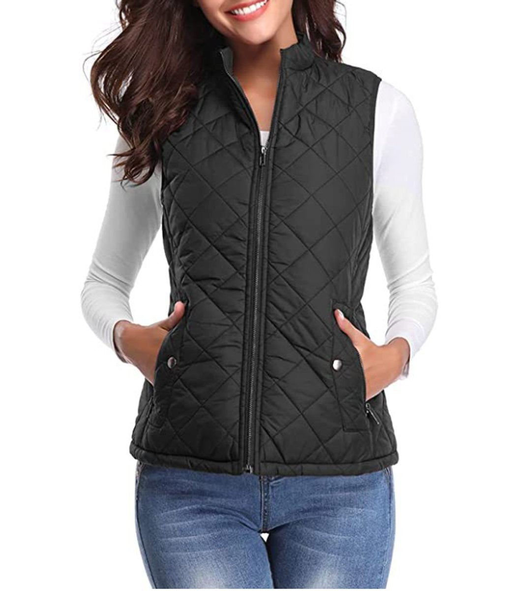 Women's Quilted Zip-Up Sleeveless Puffer Vest - Black