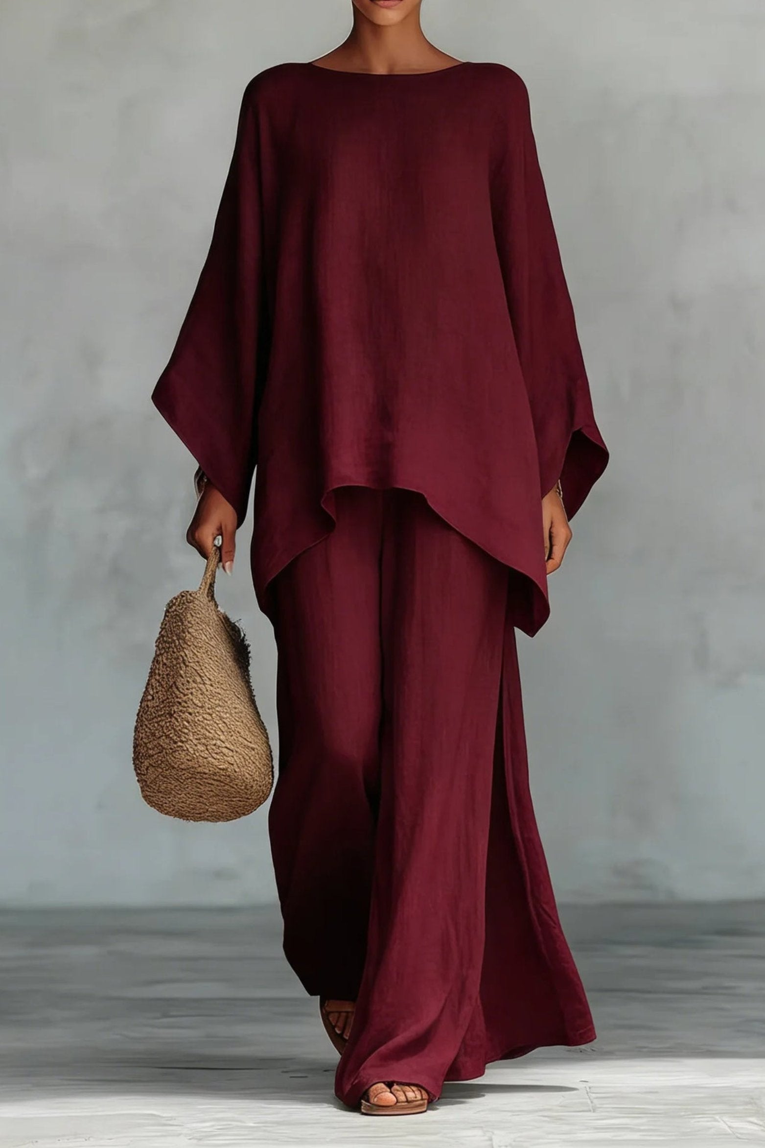 Women's Relaxed-Fit Batwing-Sleeve Linen-Look Wide-Leg Co-ord Set - Burgundy