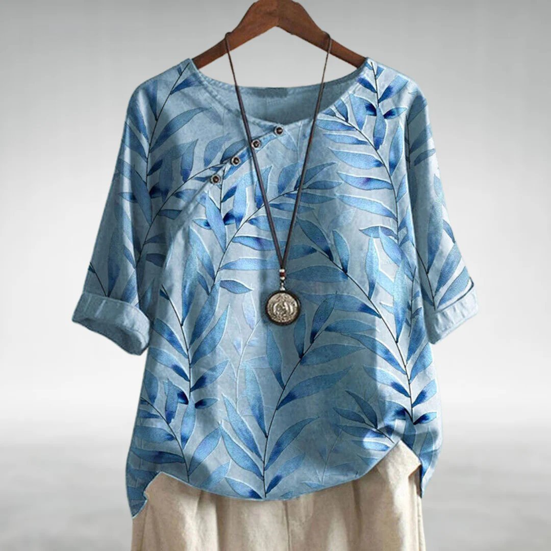 Women's Relaxed-Fit Botanical Leaf Print Linen-Look Short Sleeve Top - Blue