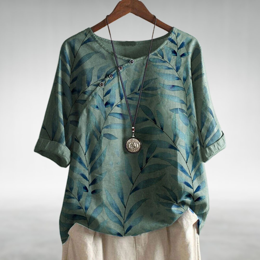 Women's Relaxed-Fit Botanical Leaf Print Linen-Look Short Sleeve Top - Green