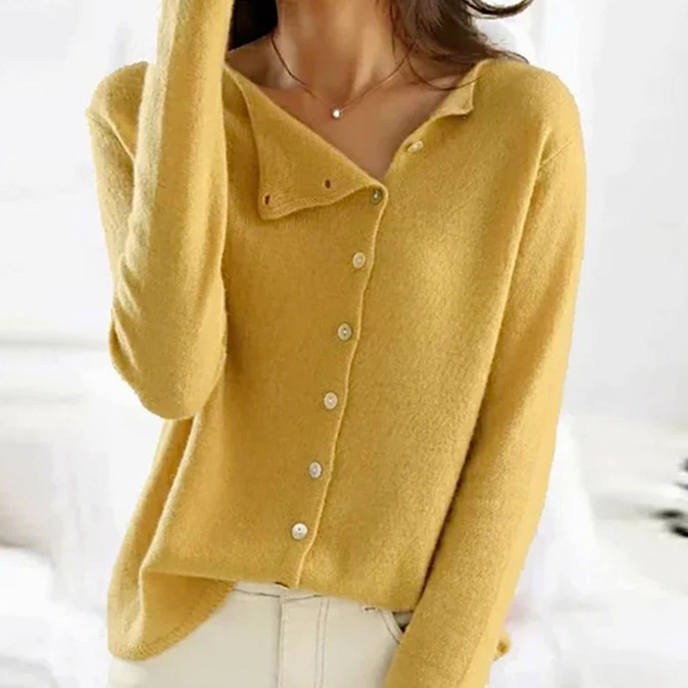Women's Relaxed Fit Button Front Cardigan Knit Jumper - Yellow