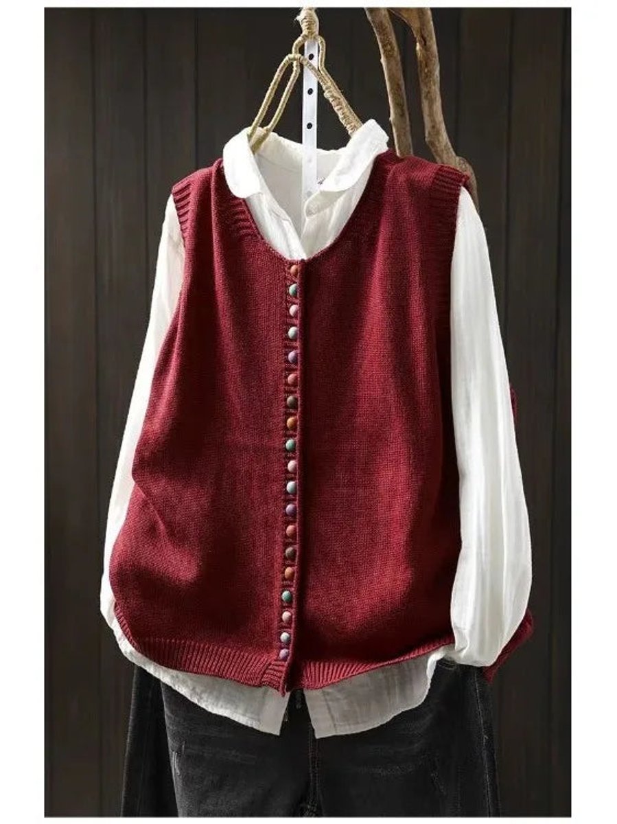 Women's Relaxed-Fit Button-Up Knit Vest - Red
