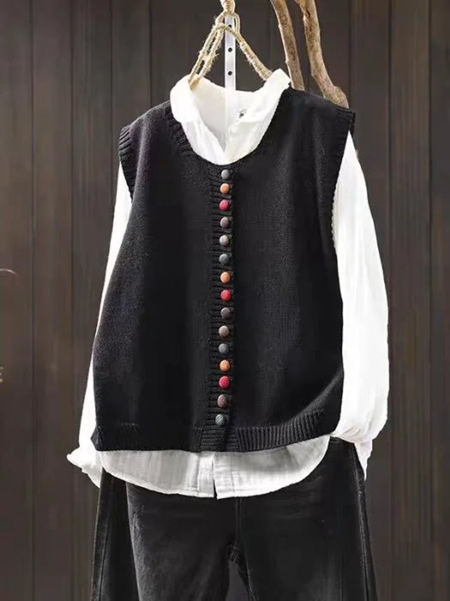 Women's Relaxed-Fit Button-Up Knit Vest - Black