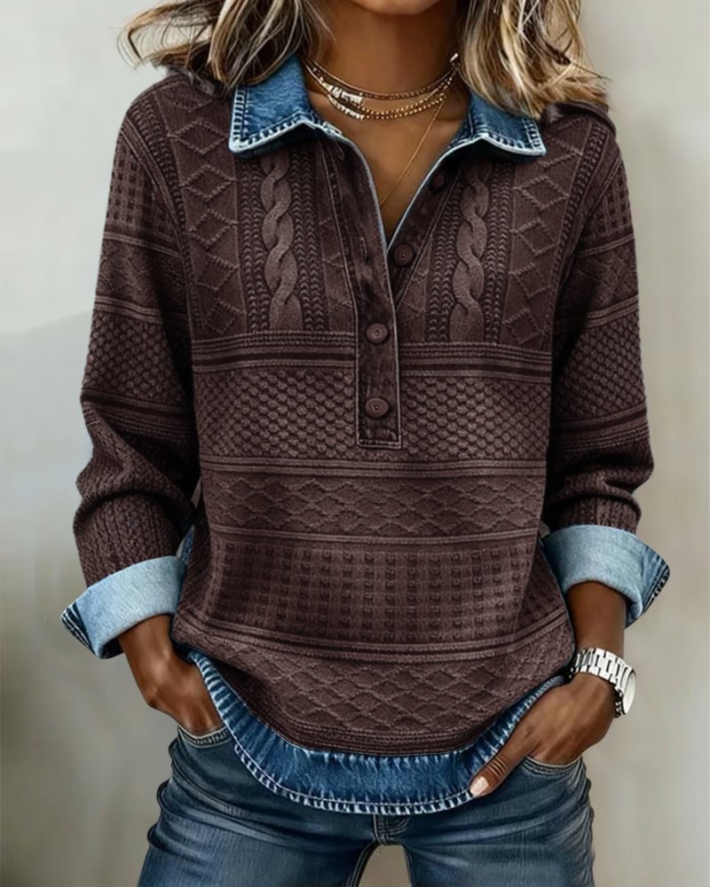 Women's Relaxed-Fit Cable-Knit Half-Button Collar Jumper - Coffee