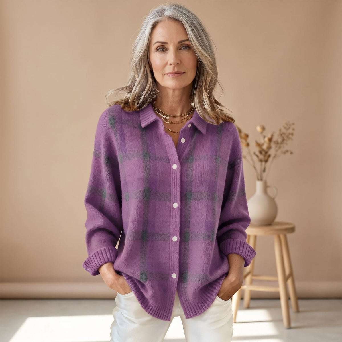 Women's Relaxed-Fit Checked Knit Button-Up Shacket - Purple