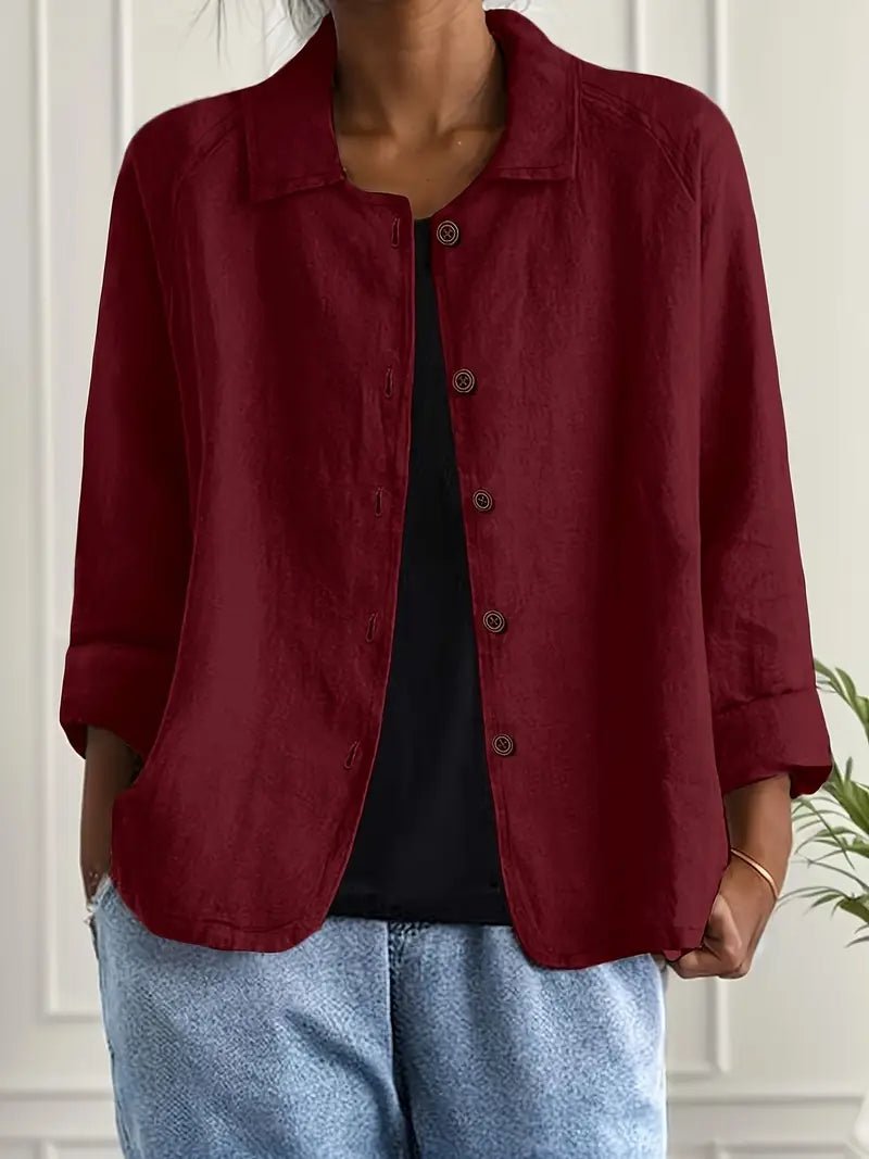 Women's Relaxed-Fit Collared Button-Front Long-Sleeve Shirt Jacket - Burgundy