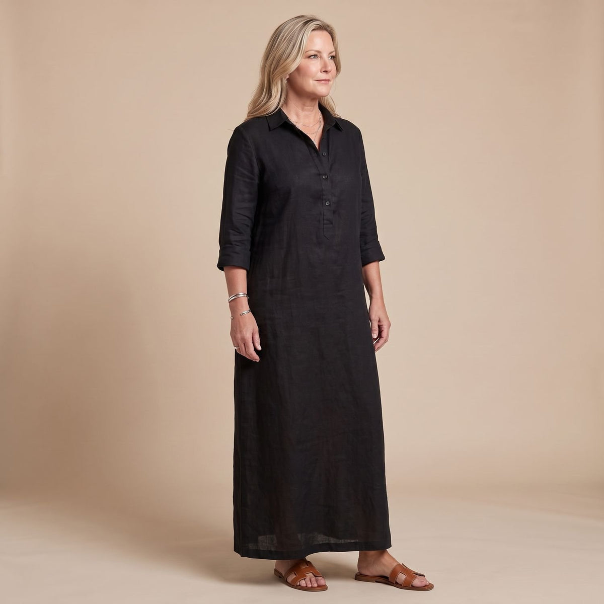 Women's Relaxed-Fit Collared Long Sleeve Maxi Shirt Dress