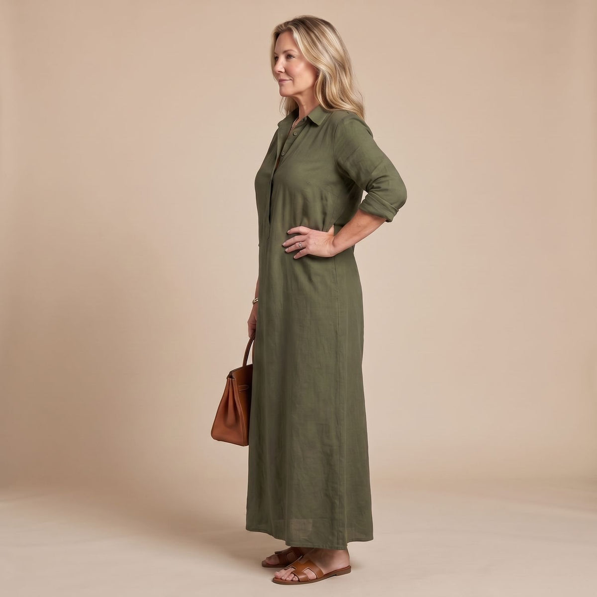 Women's Relaxed-Fit Collared Long Sleeve Maxi Shirt Dress