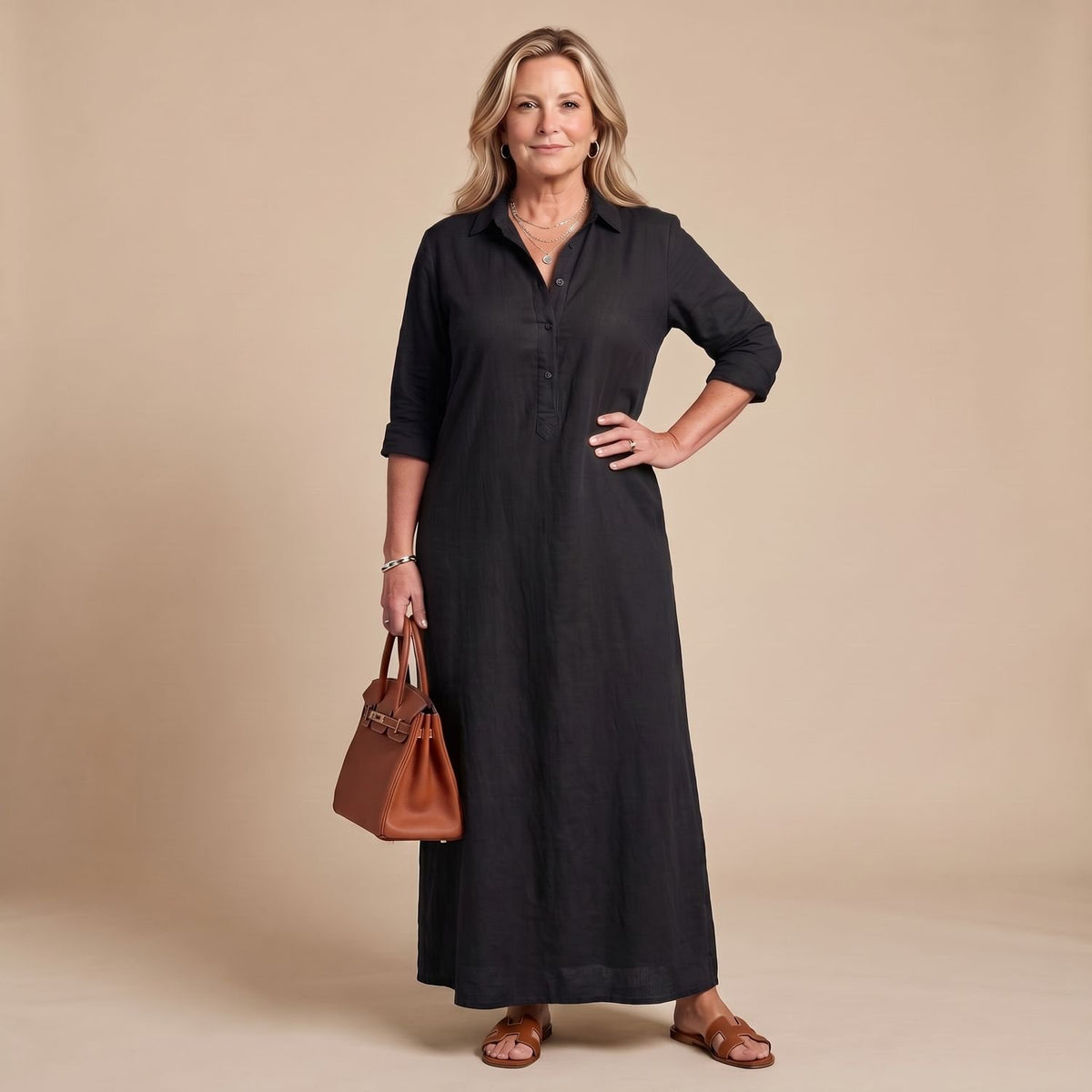 Women's Relaxed-Fit Collared Long Sleeve Maxi Shirt Dress - Black