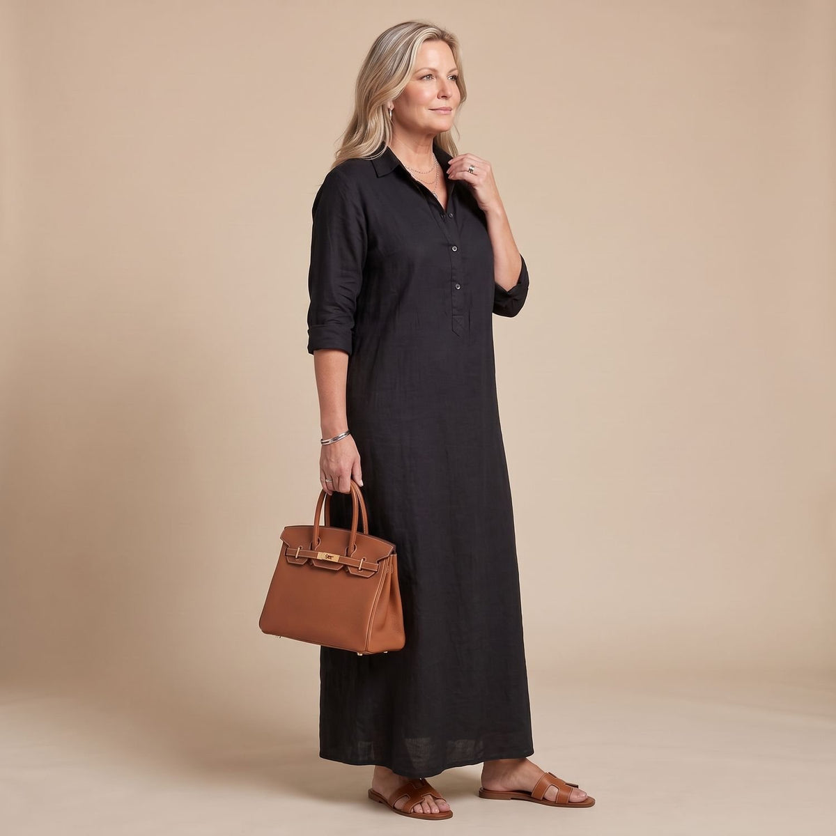 Women's Relaxed-Fit Collared Long Sleeve Maxi Shirt Dress