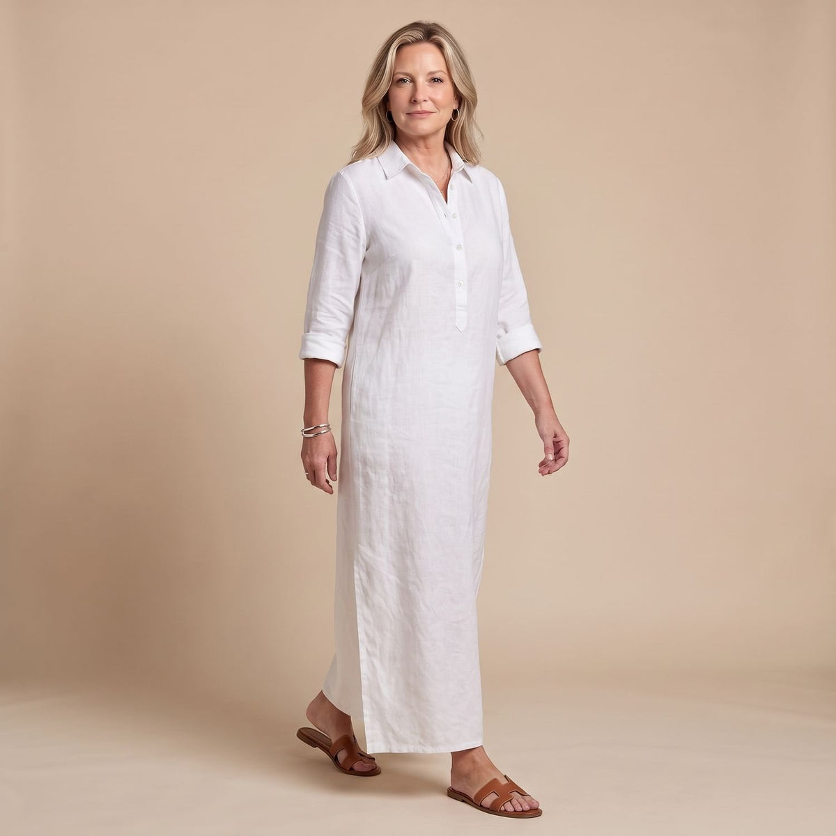 Women's Relaxed-Fit Collared Long Sleeve Maxi Shirt Dress