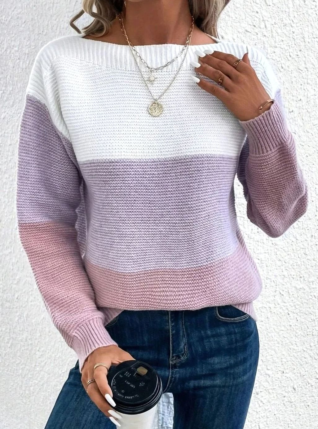 Women's Relaxed-Fit Colour-Block Cashmere Turtleneck Jumper - Purple
