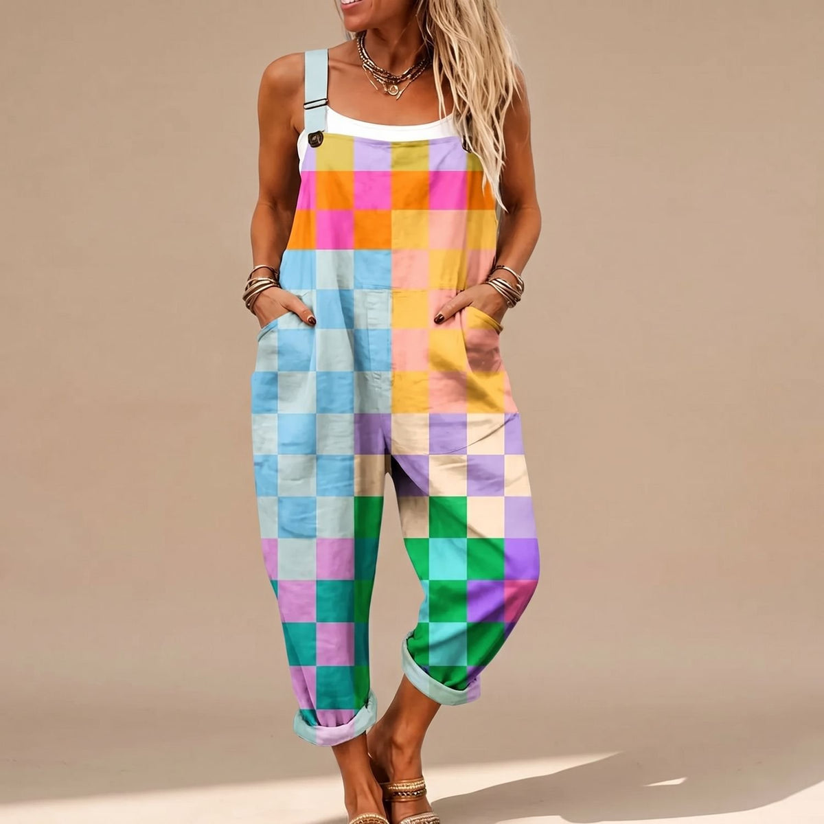 Women's Relaxed-Fit Colourblock Patchwork Dungaree Jumpsuit