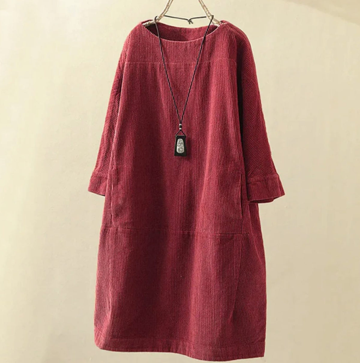 Women's Relaxed-Fit Corduroy Midi Dress Round Neck Long Sleeve - Red