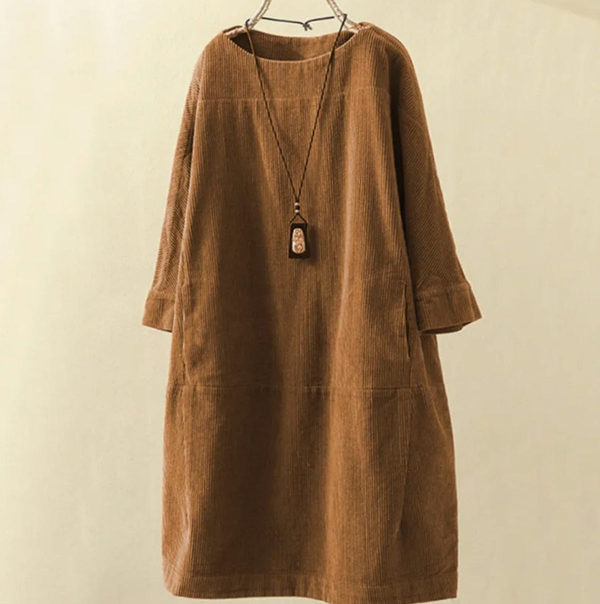 Women's Relaxed-Fit Corduroy Midi Dress Round Neck Long Sleeve - Yellow