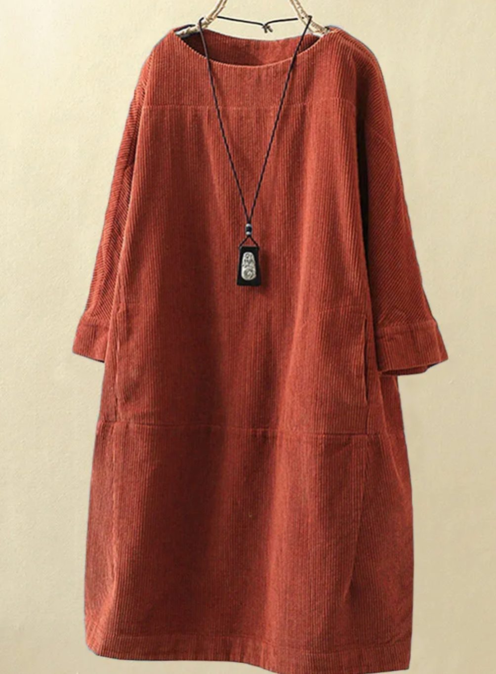 Women's Relaxed-Fit Corduroy Midi Dress Round Neck Long Sleeve - Orange