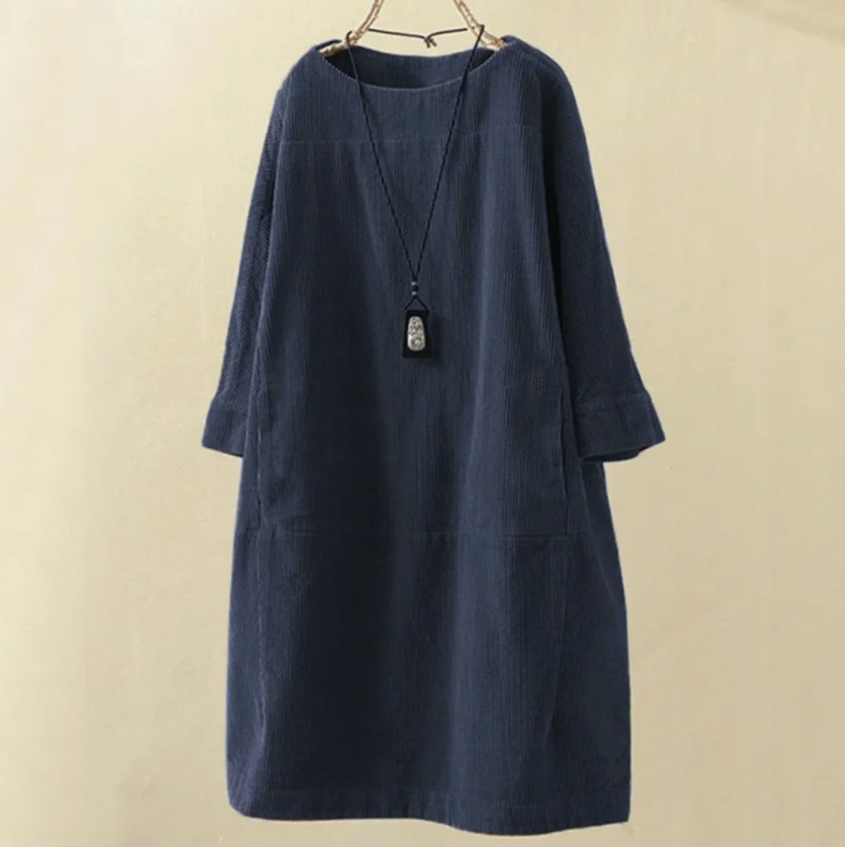 Women's Relaxed-Fit Corduroy Midi Dress Round Neck Long Sleeve - Dark Blue