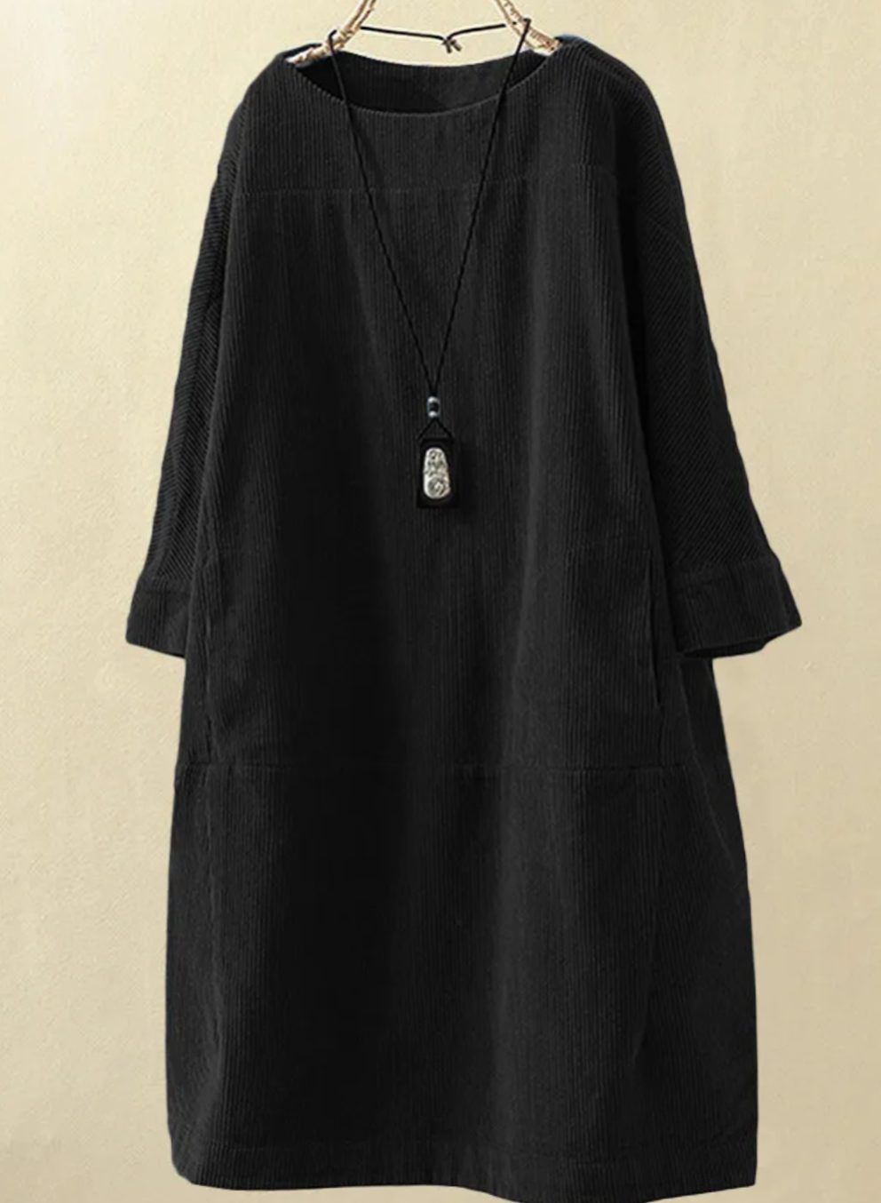 Women's Relaxed-Fit Corduroy Midi Dress Round Neck Long Sleeve - Black