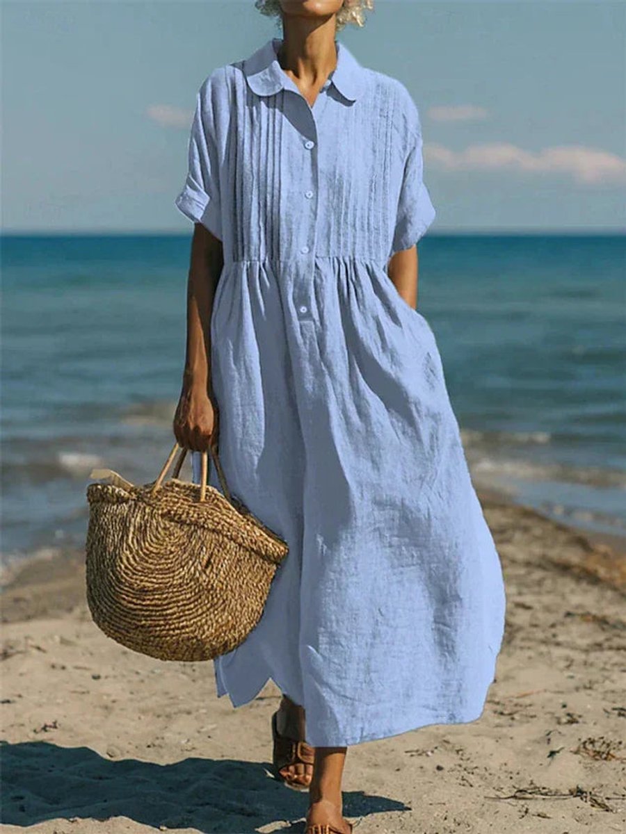 Women's Relaxed-Fit Cotton Button-Front Collared Midi Shirt Dress - Light Blue