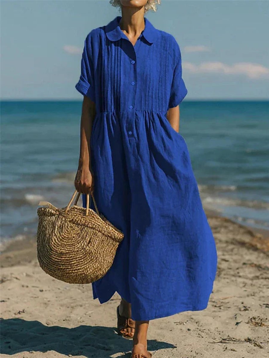 Women's Relaxed-Fit Cotton Button-Front Collared Midi Shirt Dress - Blue
