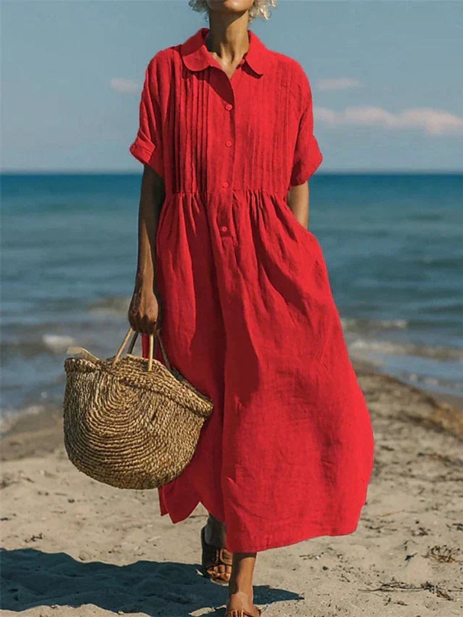 Women's Relaxed-Fit Cotton Button-Front Collared Midi Shirt Dress - Red