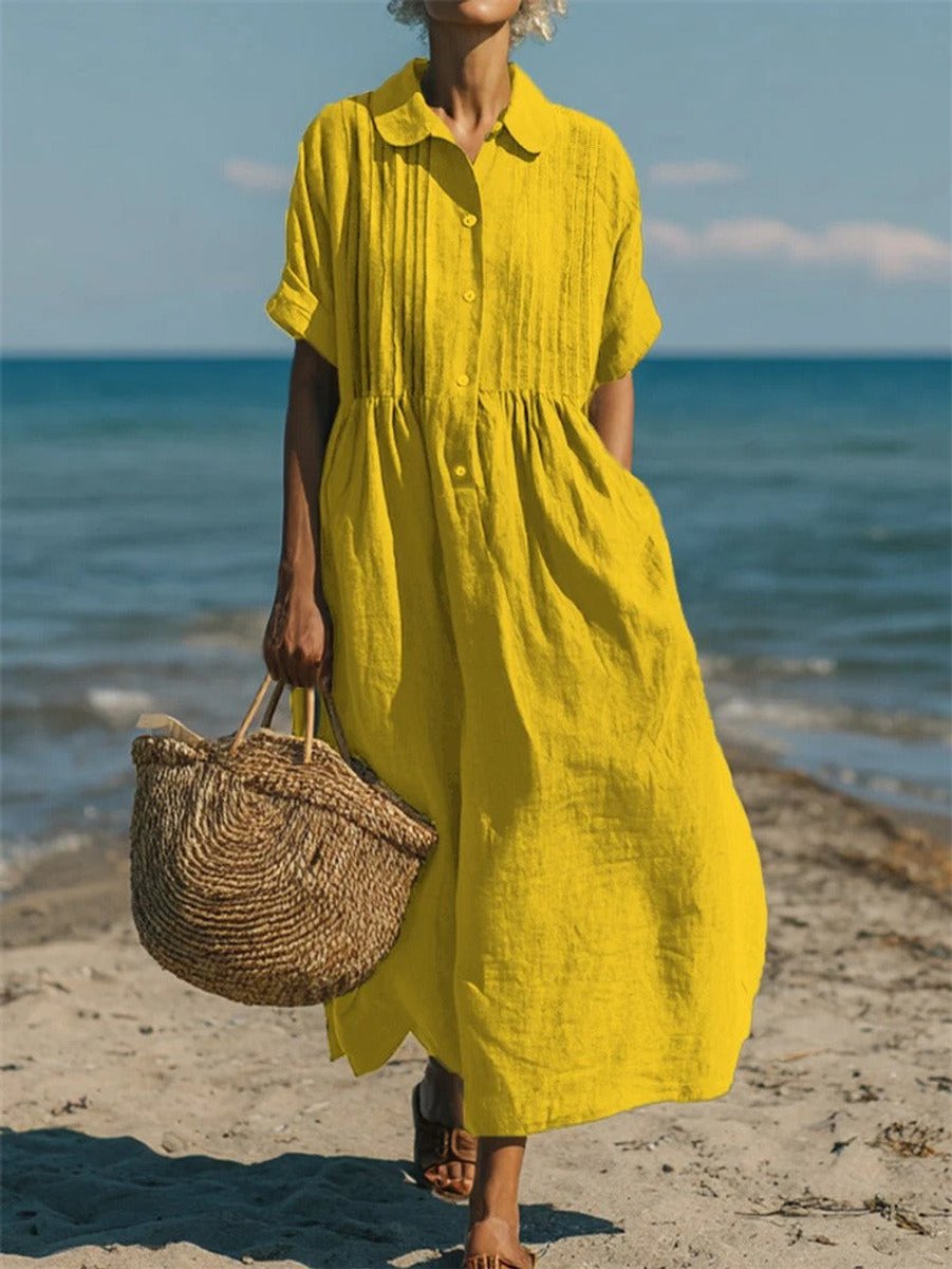 Women's Relaxed-Fit Cotton Button-Front Collared Midi Shirt Dress - Yellow