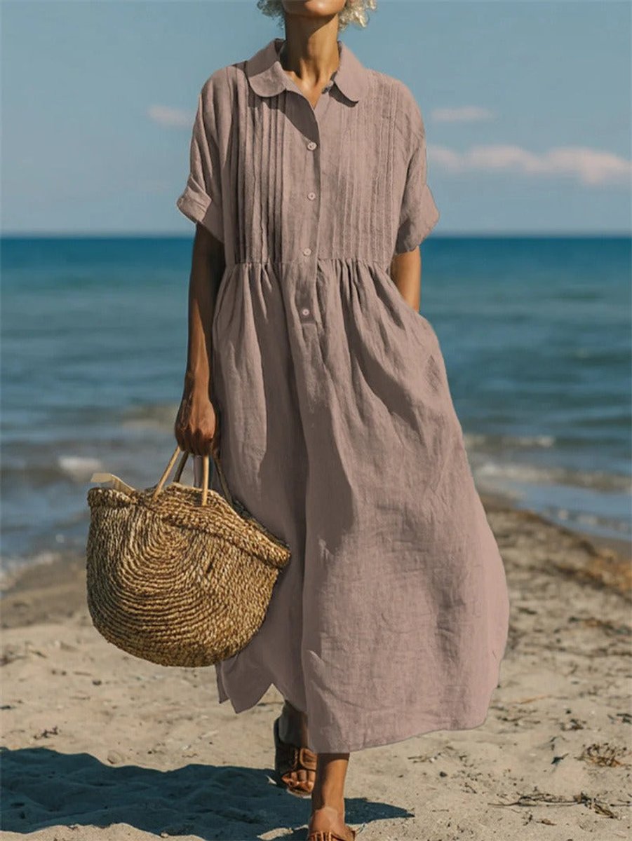 Women's Relaxed-Fit Cotton Button-Front Collared Midi Shirt Dress - Dusty Rose