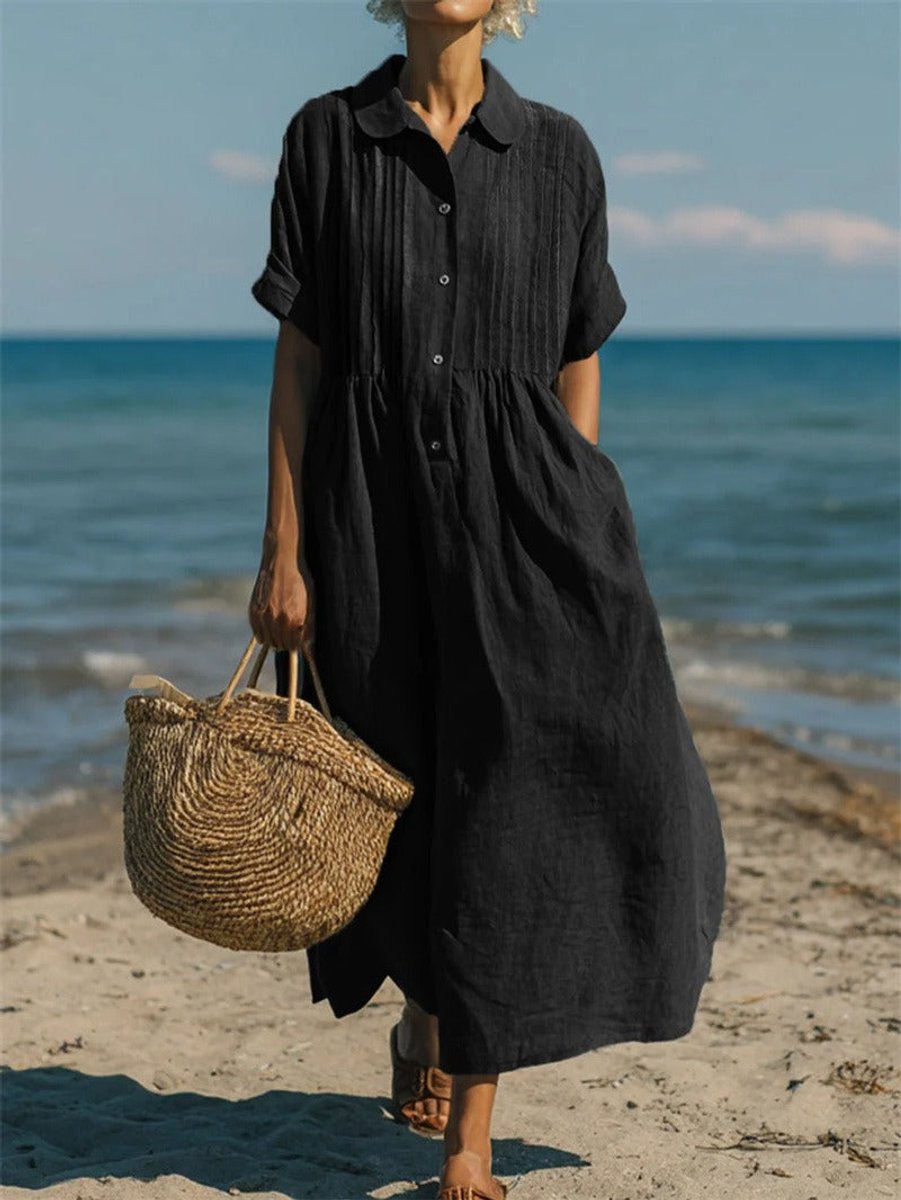Women's Relaxed-Fit Cotton Button-Front Collared Midi Shirt Dress - Black