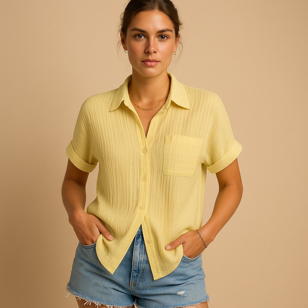 Women's Relaxed-Fit Cotton Gauze Short-Sleeve Chest-Pocket Shirt - Yellow