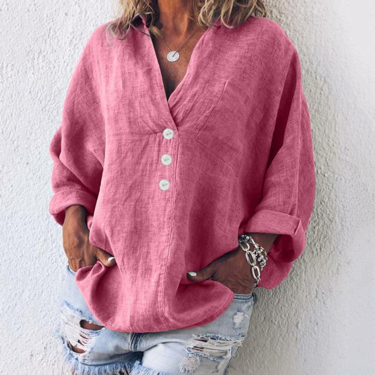 Women's Relaxed-Fit Cotton Linen V-Neck Button Shirt Sweater - Pink