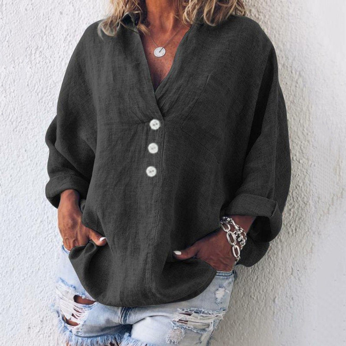 Women's Relaxed-Fit Cotton Linen V-Neck Button Shirt Sweater - Black