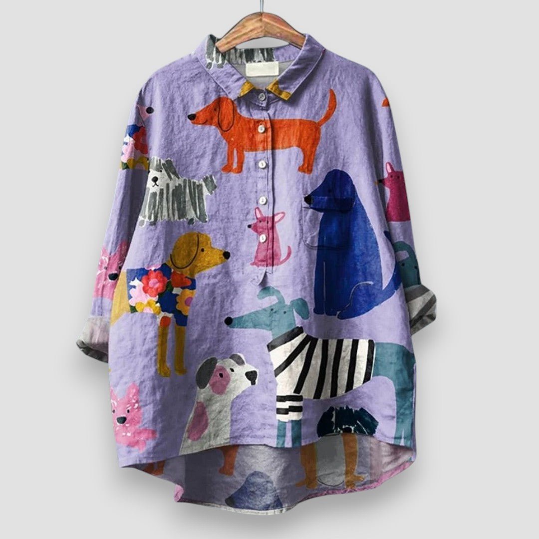 Women's Relaxed-Fit Dog Print Long Sleeve Collared Button Shirt - Purple