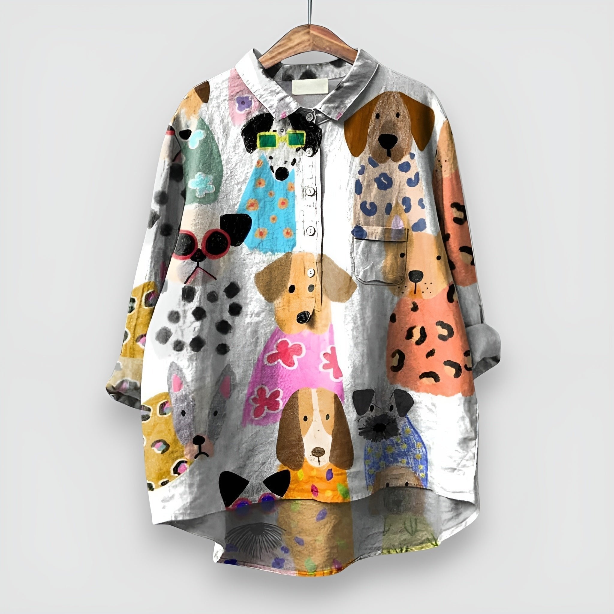 Women's Relaxed-Fit Dog Print Long Sleeve Collared Button Shirt - White
