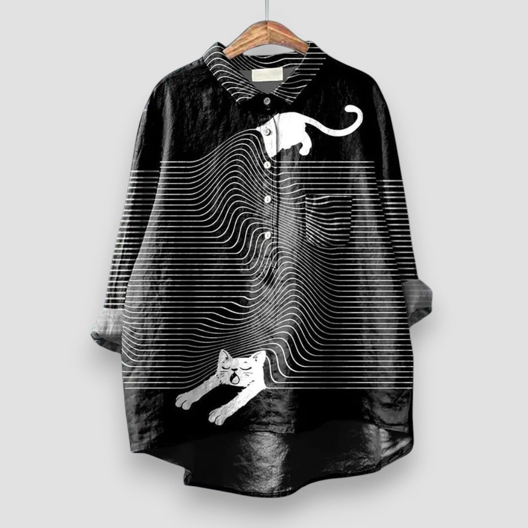 Women's Relaxed-Fit Dog Print Long Sleeve Collared Button Shirt - Black