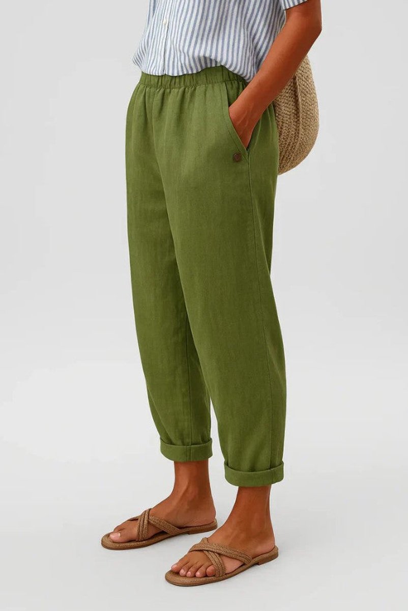 Women's Relaxed-Fit Elastic-Waist Cropped Linen Trousers - Olive Green