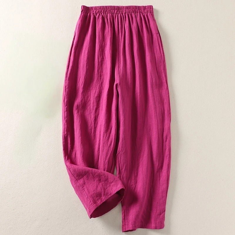 Women's Relaxed-Fit Elastic-Waist Linen Trousers - Pink