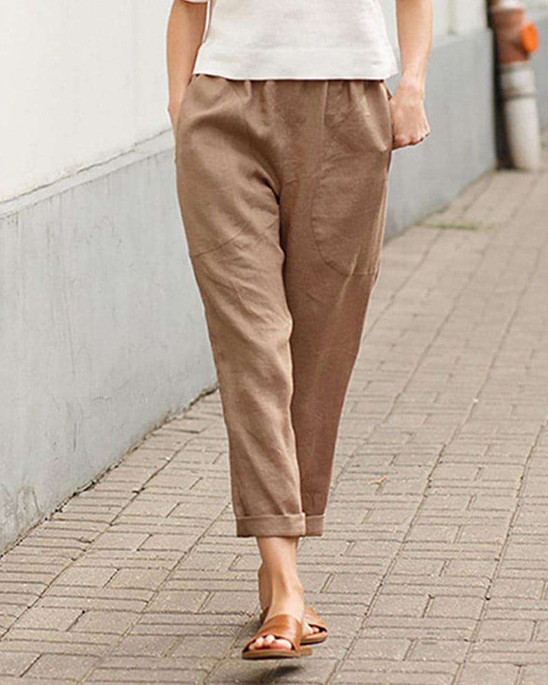 Women's Relaxed-Fit Elasticated-Waist Tapered Linen Trousers - Khaki