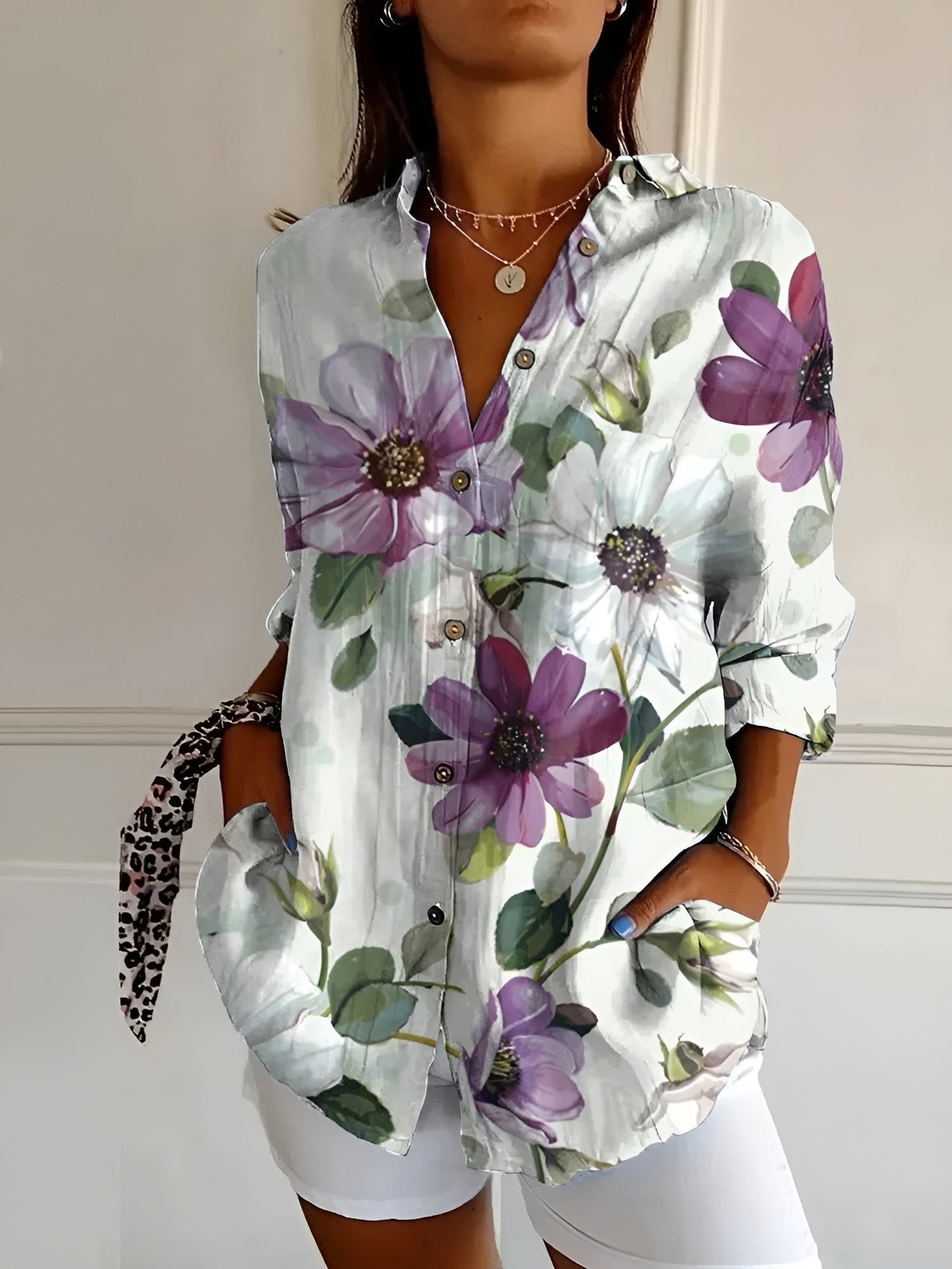 Women's Relaxed-Fit Floral Button-Down Lightweight Blouse - Purple Flowers