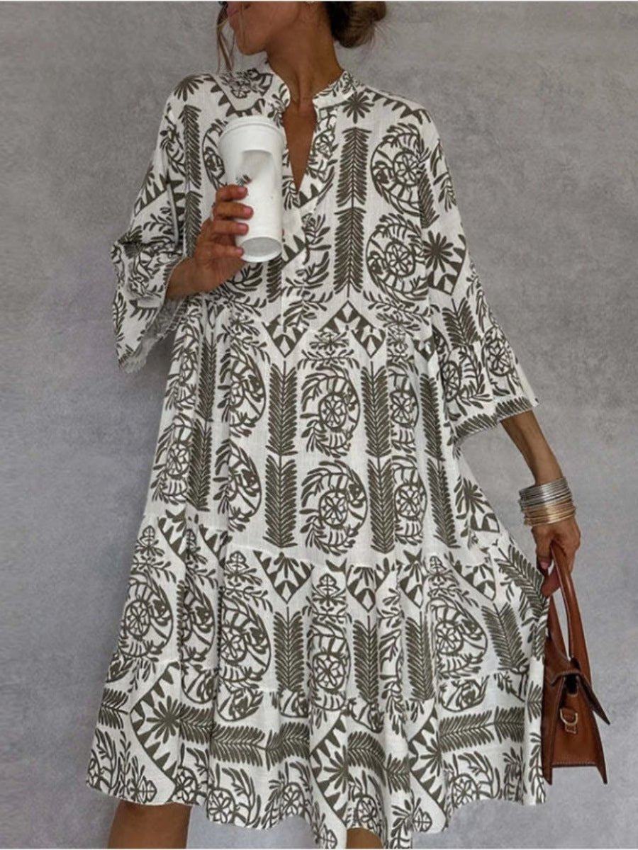Women's Relaxed-Fit Floral Print Tunic Dress - Khaki