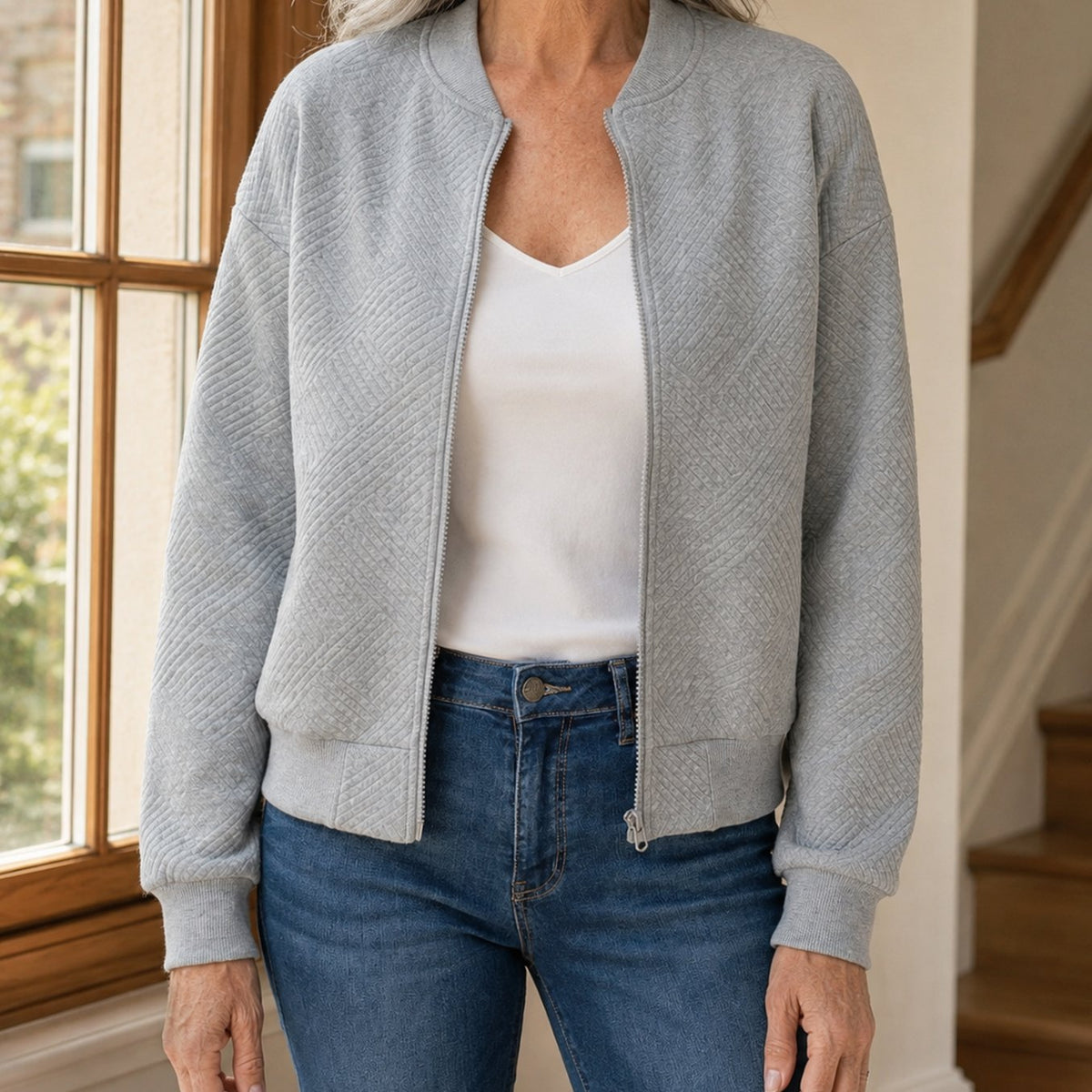 Women's Relaxed-Fit Geometric Textured Full-Zip Bomber Jacket - Light Grey