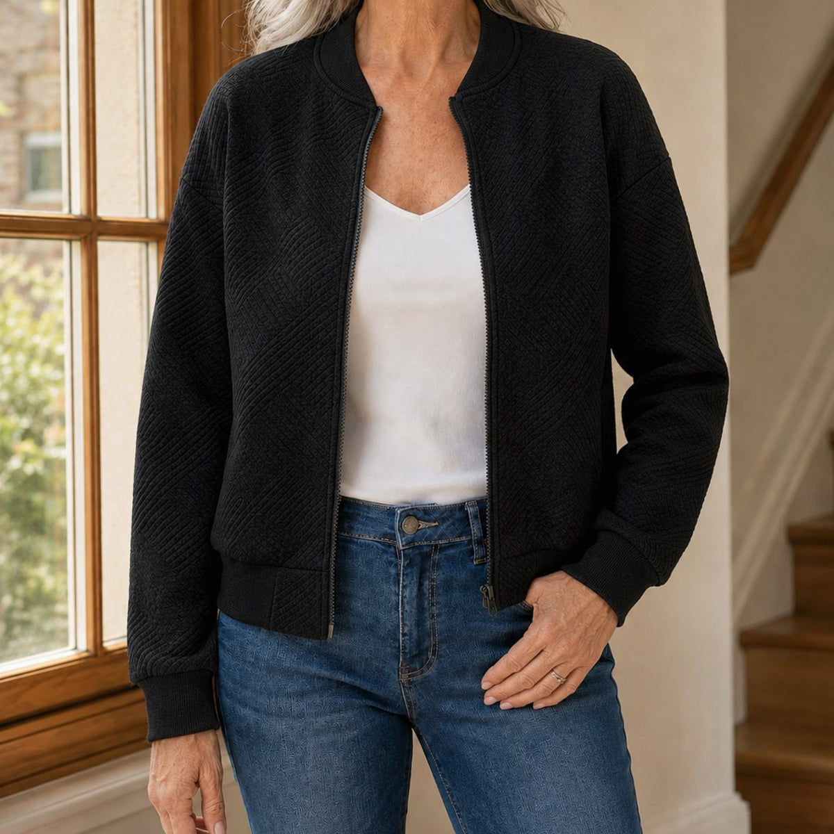 Women's Relaxed-Fit Geometric Textured Full-Zip Bomber Jacket - Black