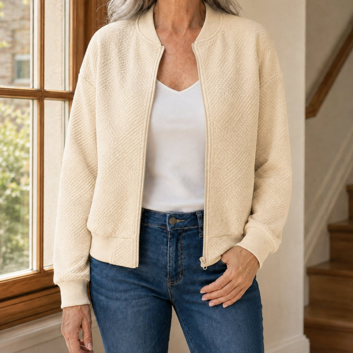 Women's Relaxed-Fit Geometric Textured Full-Zip Bomber Jacket - Beige