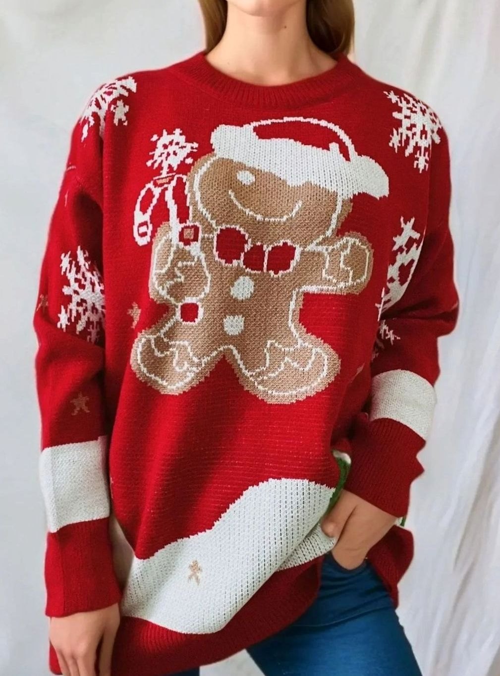 Women's Relaxed-Fit Gingerbread Long Sleeve Christmas Knit Jumper - Red