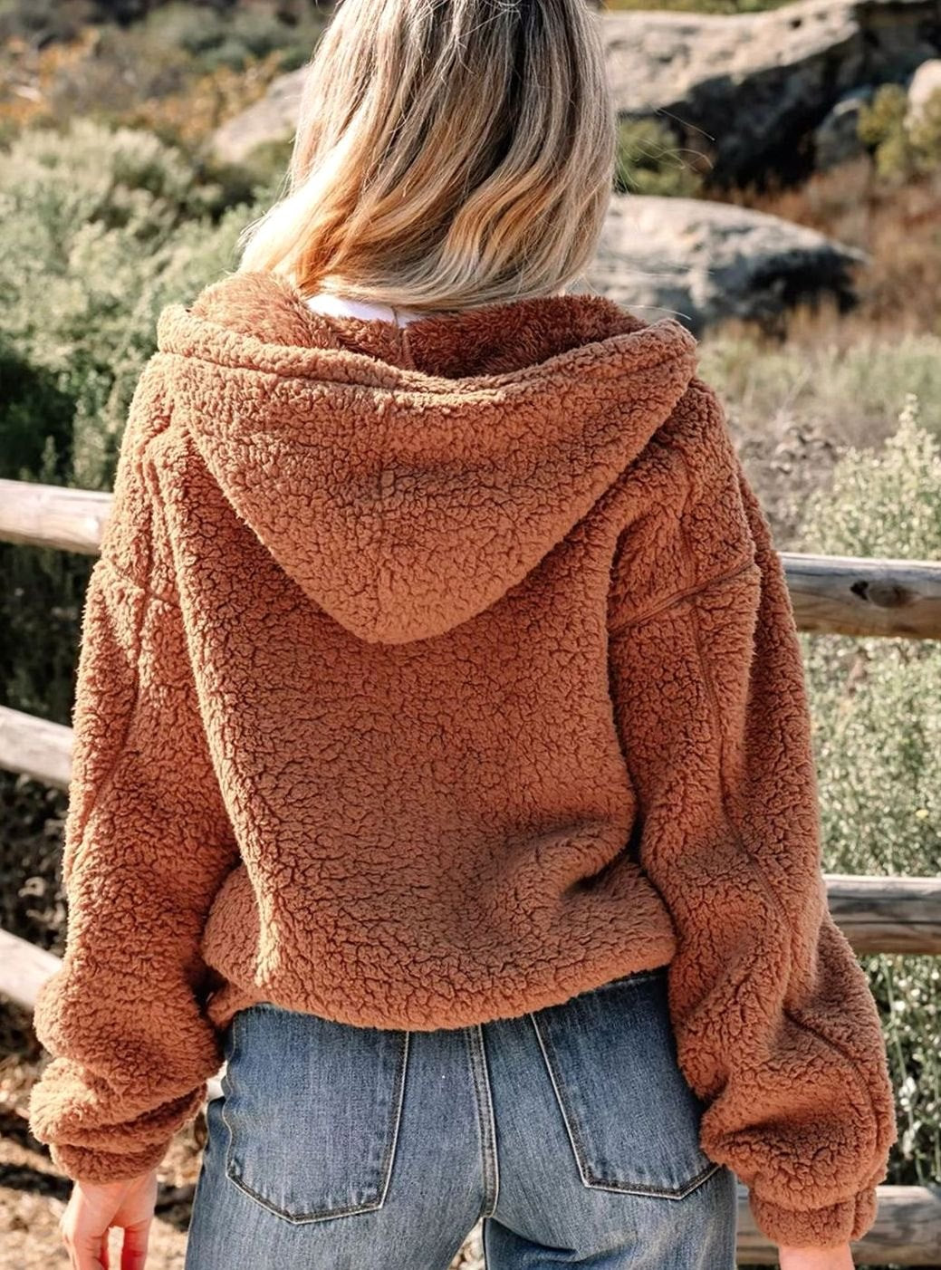 Women's Relaxed-Fit Hooded Teddy Zip Up Fleece Jacket