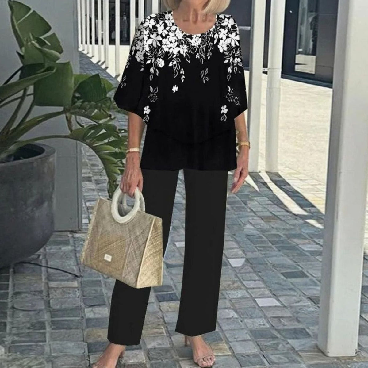 Women's Relaxed-Fit Layered Top Wide-Leg Trousers Two Piece Set - Black