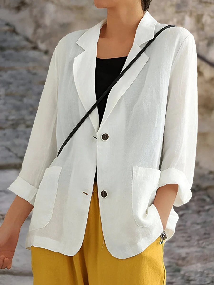Women's Relaxed-Fit Linen Blazer Classic Lapel Patch Pockets - White