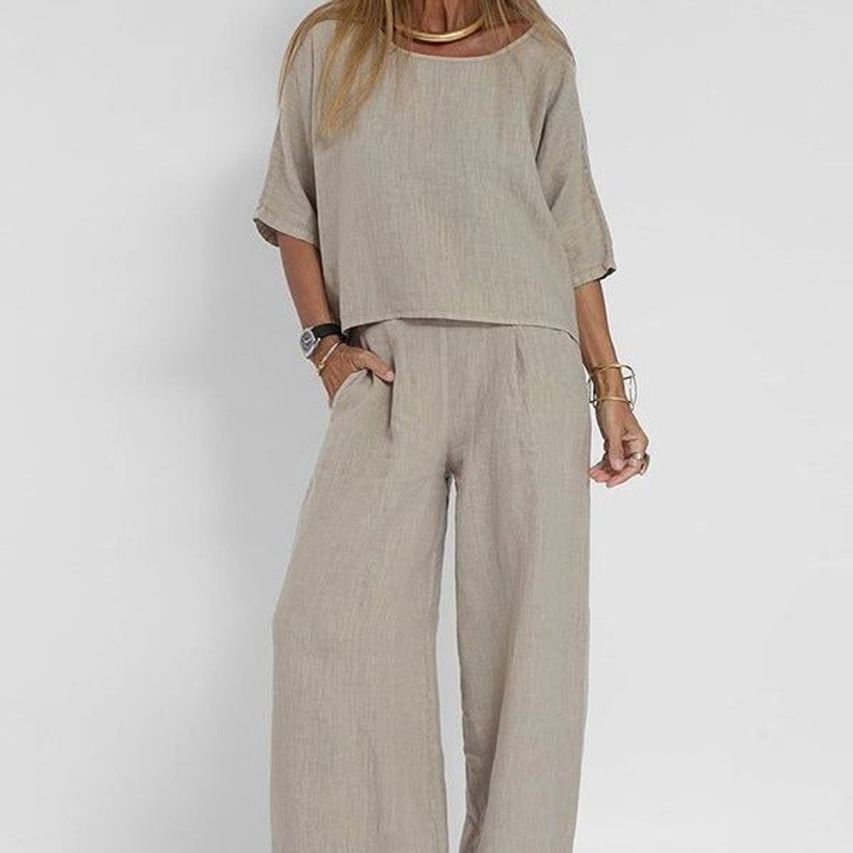 Women's Relaxed-Fit Linen Blouse Wide-Leg Trouser Two-Piece Set - Light Gray