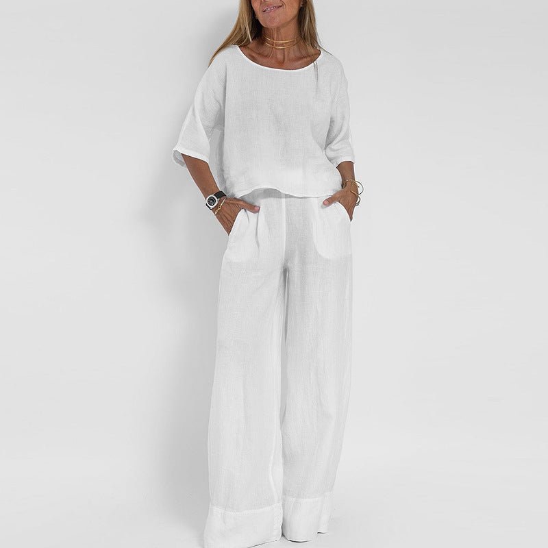 Women's Relaxed-Fit Linen-Look Co-ord Two-Piece Lounge Set - White